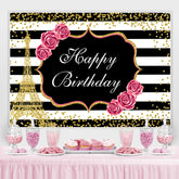 Fond d'anniversaire floral et doré de la Tour Eiffel Glitter